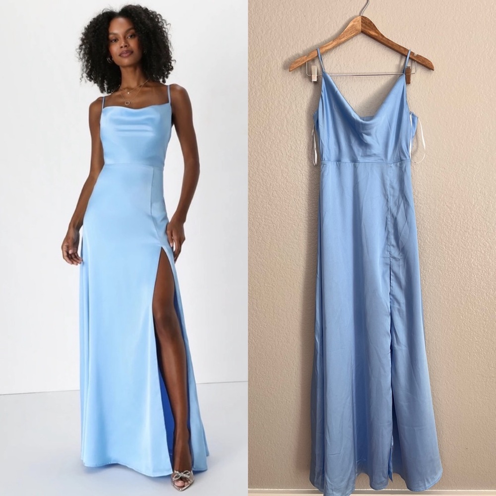 Formal light blue cowl neck maxi dress gown